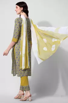 Mustard Grey Ajarak Printed Cotton Kurta With Pant and Dupatta Set