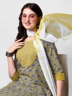 Mustard Grey Ajarak Printed Cotton Kurta With Pant and Dupatta Set 4