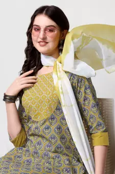 Mustard Grey Ajarak Printed Cotton Kurta With Pant and Dupatta Set