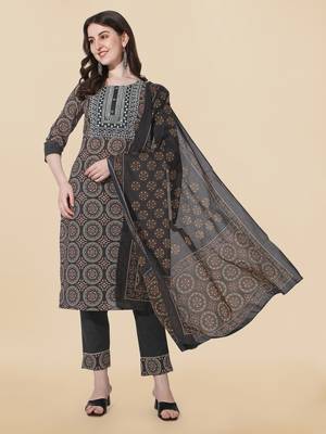 Black Ajarak Printed Cotton Kurta With Pant and Dupatta Set 1