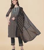 Black Ajarak Printed Cotton Kurta With Pant and Dupatta Set