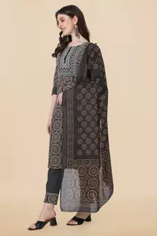 Black Ajarak Printed Cotton Kurta With Pant and Dupatta Set