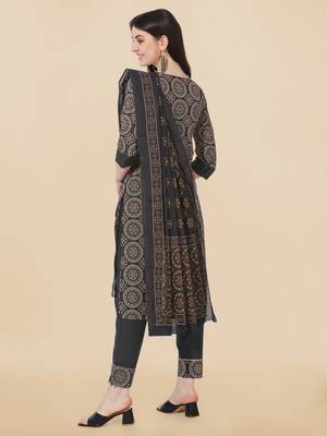 Black Ajarak Printed Cotton Kurta With Pant and Dupatta Set 3