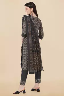Black Ajarak Printed Cotton Kurta With Pant and Dupatta Set