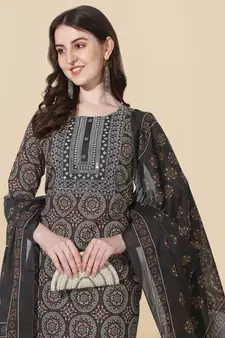 Black Ajarak Printed Cotton Kurta With Pant and Dupatta Set