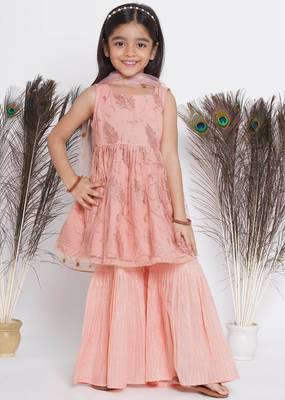 Peach Sequin work Leaf Kurta Frock with Sharara and Dupatta 1