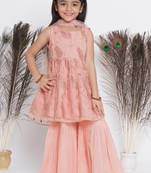 Peach Sequin work Leaf Kurta Frock with Sharara and Dupatta