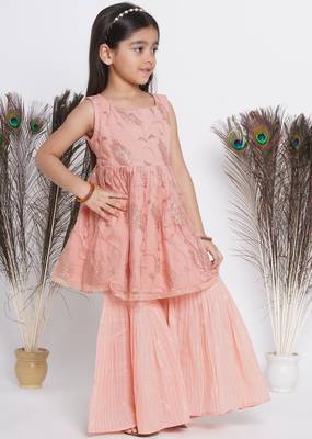 Peach Sequin work Leaf Kurta Frock with Sharara and Dupatta 2