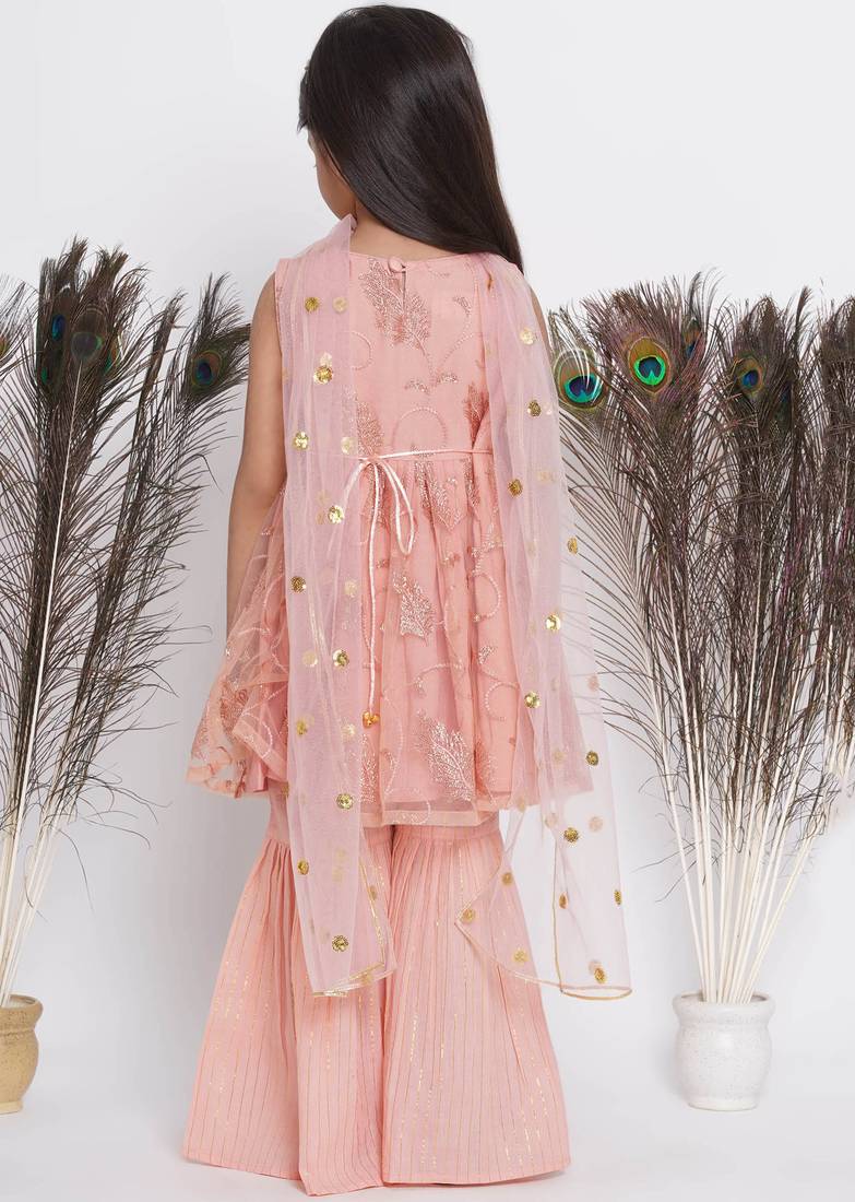 Peach Sequin work Leaf Kurta Frock with Sharara and Dupatta