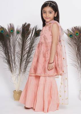 Peach Sequin work Leaf Kurta Frock with Sharara and Dupatta 4