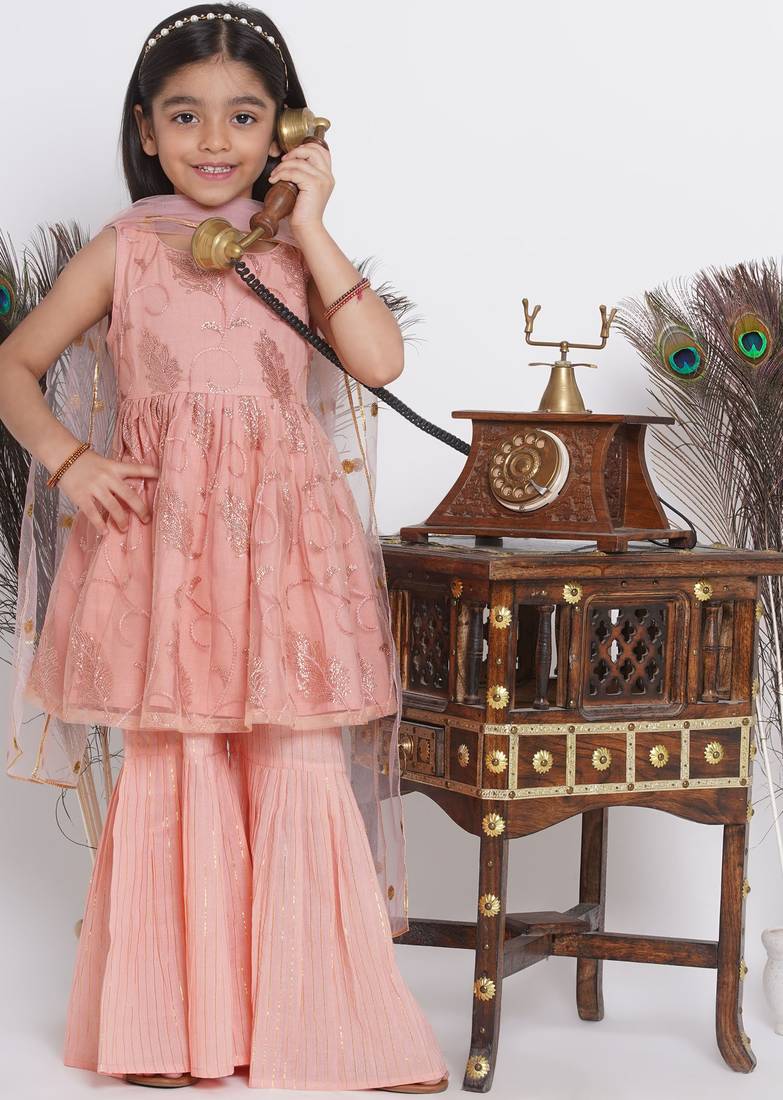 Peach Sequin work Leaf Kurta Frock with Sharara and Dupatta