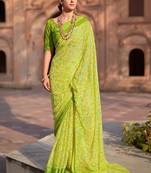 SAREE MALL Women's Chiffon Lemon Yellow Printed Designer Saree With Blouse Piece