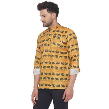 Yellow printed cotton men-kurtas 3
