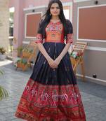 Blue Dola Silk with Patola Designer Foil Print Work Gown