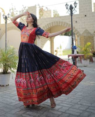Blue Dola Silk with Patola Designer Foil Print Work Gown 3
