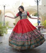 Red Dola Silk with Patola Designer Foil Print Work Gown