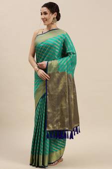 Teal woven banarasi saree with blouse
