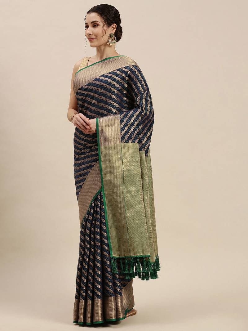 Navy blue woven banarasi saree with blouse