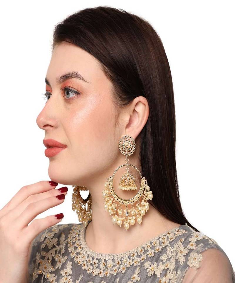 Gold Tone Women Pear and Stone Chandbali with Small Jhumka