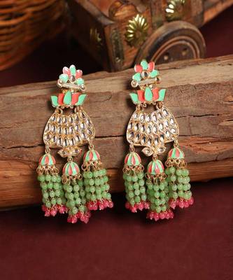 Mint And Pink Tasselled Beads Classy Finish Floral Shape Earring 1