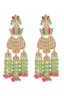 Mint And Pink Tasselled Beads Classy Finish Floral Shape Earring