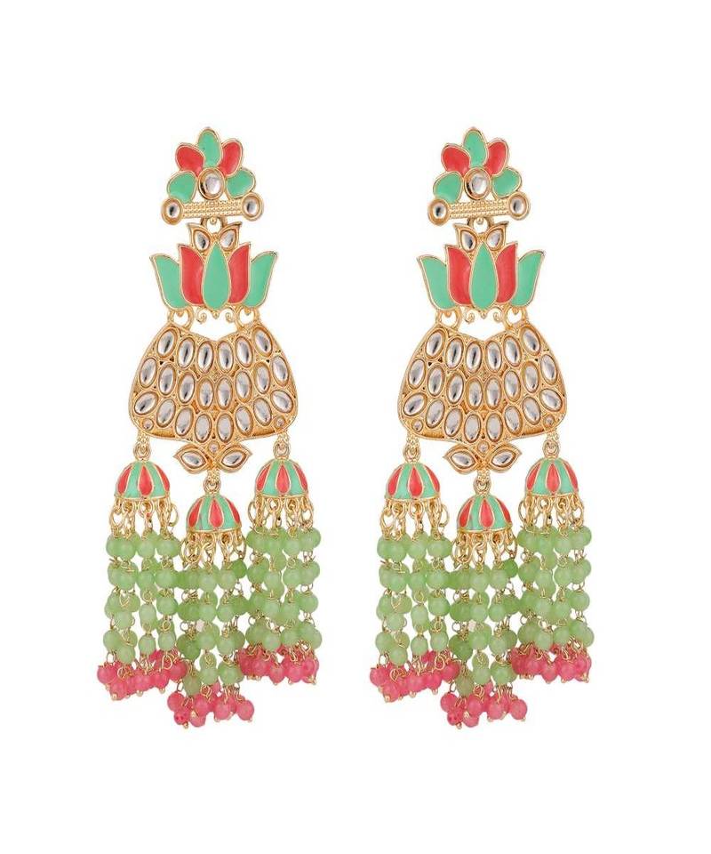 Mint And Pink Tasselled Beads Classy Finish Floral Shape Earring