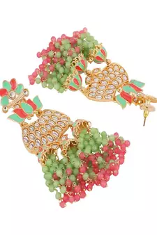 Mint And Pink Tasselled Beads Classy Finish Floral Shape Earring