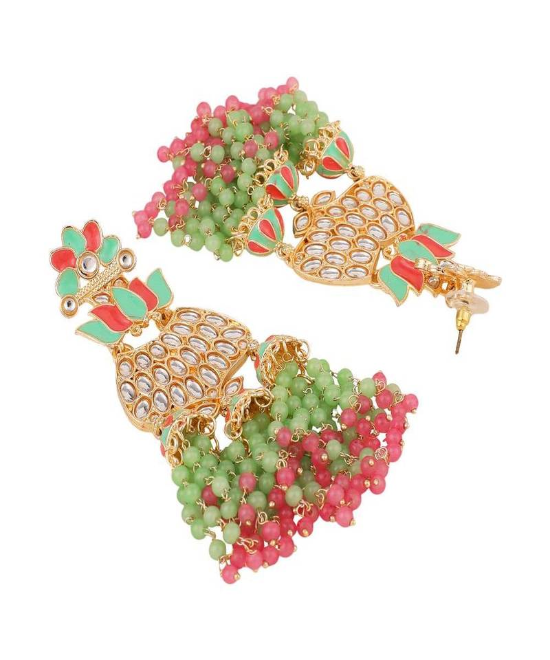 Mint And Pink Tasselled Beads Classy Finish Floral Shape Earring