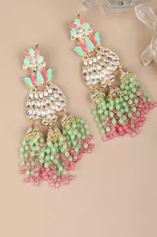 Mint And Pink Tasselled Beads Classy Finish Floral Shape Earring
