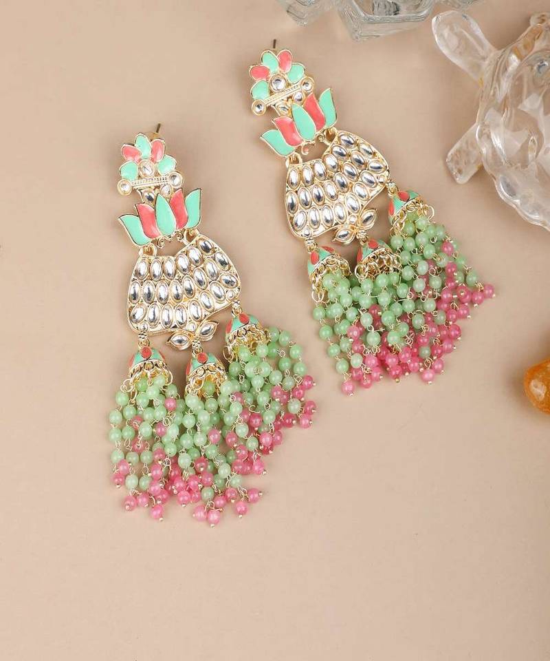 Mint And Pink Tasselled Beads Classy Finish Floral Shape Earring