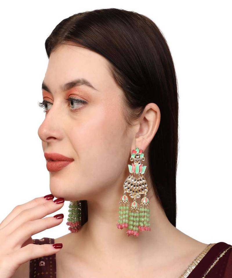 Mint And Pink Tasselled Beads Classy Finish Floral Shape Earring