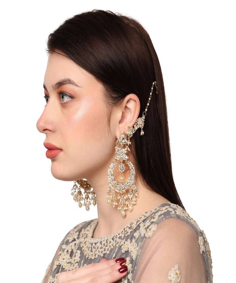 Gold Plated Brass Stone and Pearl Ear chain Chandbali Earring