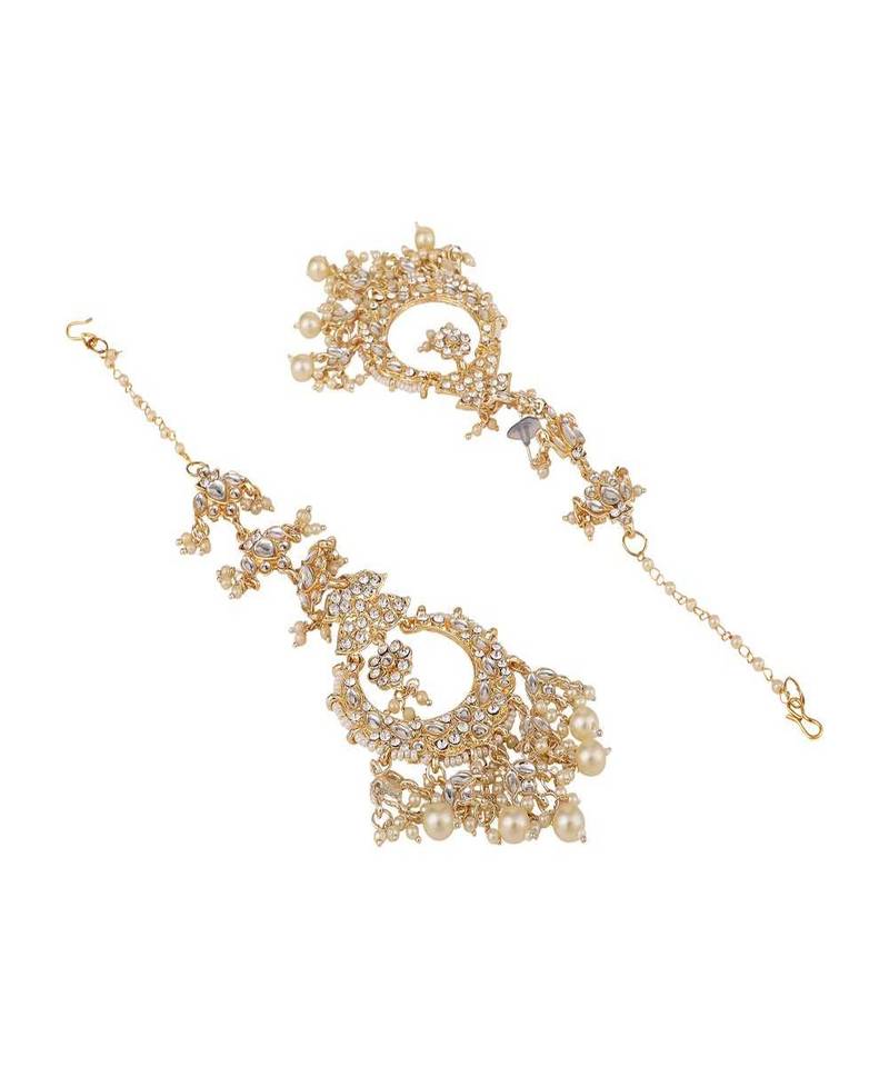 Gold Plated Brass Stone and Pearl Ear chain Chandbali Earring