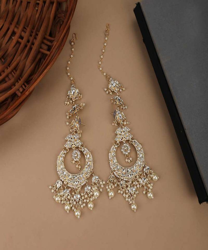 Gold Plated Brass Stone and Pearl Ear chain Chandbali Earring