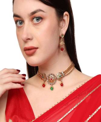 Gold Plated and Traditional Look Casting Work Ball Chain Choker Jewellery Set 1