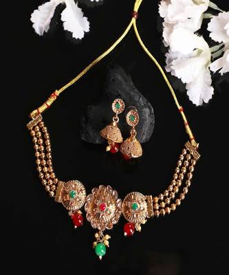 Gold Plated and Traditional Look Casting Work Ball Chain Choker Jewellery Set 2