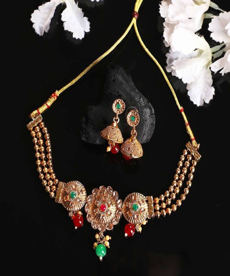 Gold Plated and Traditional Look Casting Work Ball Chain Choker Jewellery Set