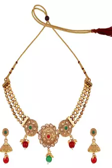 Gold Plated and Traditional Look Casting Work Ball Chain Choker Jewellery Set
