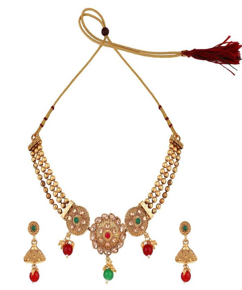 Gold Plated and Traditional Look Casting Work Ball Chain Choker Jewellery Set