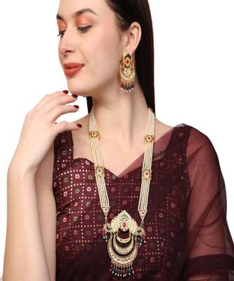 Gold-Plated White Pearl Beaded Menakari Stone Studded Raani Haar Jewellery Set 1