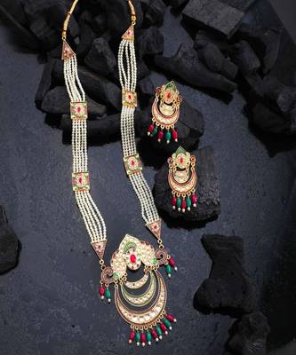 Gold-Plated White Pearl Beaded Menakari Stone Studded Raani Haar Jewellery Set 2