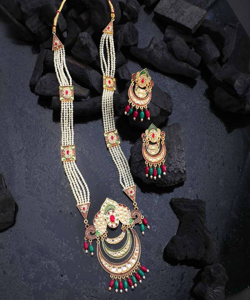 Gold-Plated White Pearl Beaded Menakari Stone Studded Raani Haar Jewellery Set