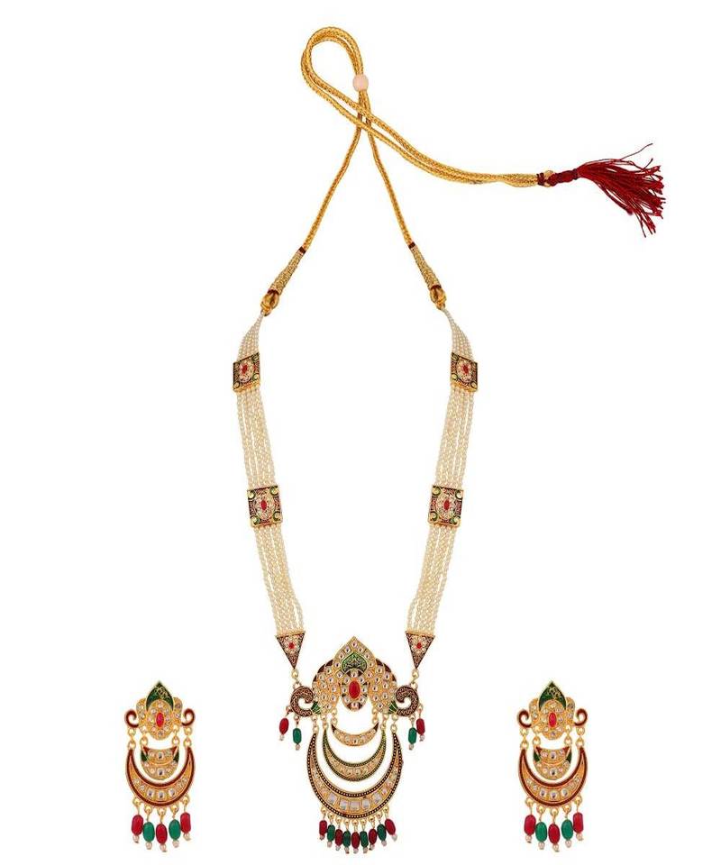 Gold-Plated White Pearl Beaded Menakari Stone Studded Raani Haar Jewellery Set