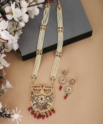 Gold-Plated White Pearl Beaded Stone Studded Raani Haar Jewellery Set 1