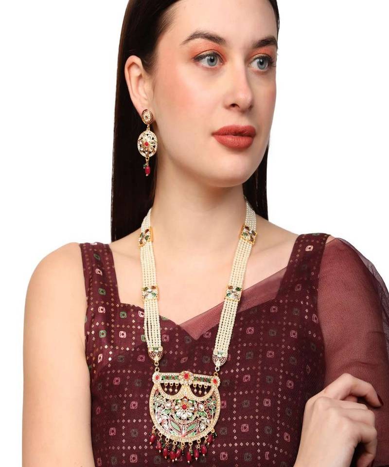 Gold-Plated White Pearl Beaded Stone Studded Raani Haar Jewellery Set