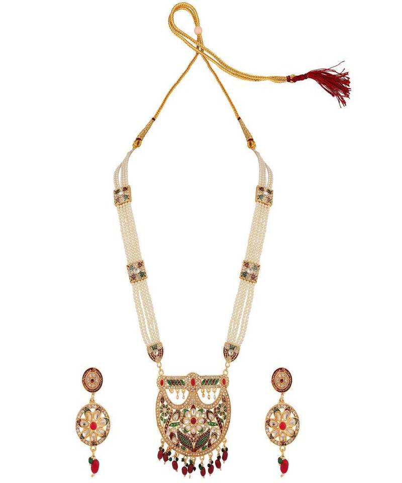 Gold-Plated White Pearl Beaded Stone Studded Raani Haar Jewellery Set