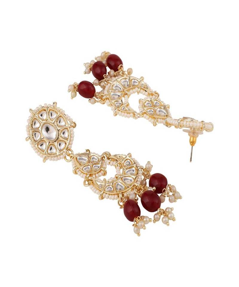 Gold-Plated Maroon & White Kundan-Studded & Beaded Choker Jewellery Set