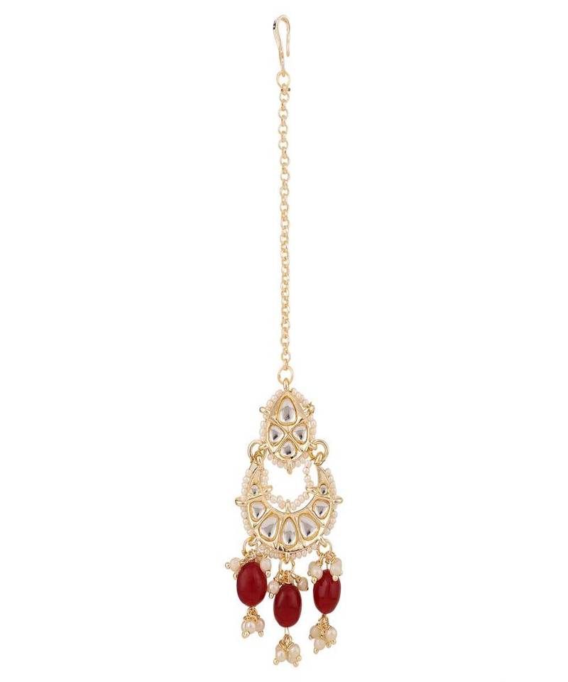 Gold-Plated Maroon & White Kundan-Studded & Beaded Choker Jewellery Set