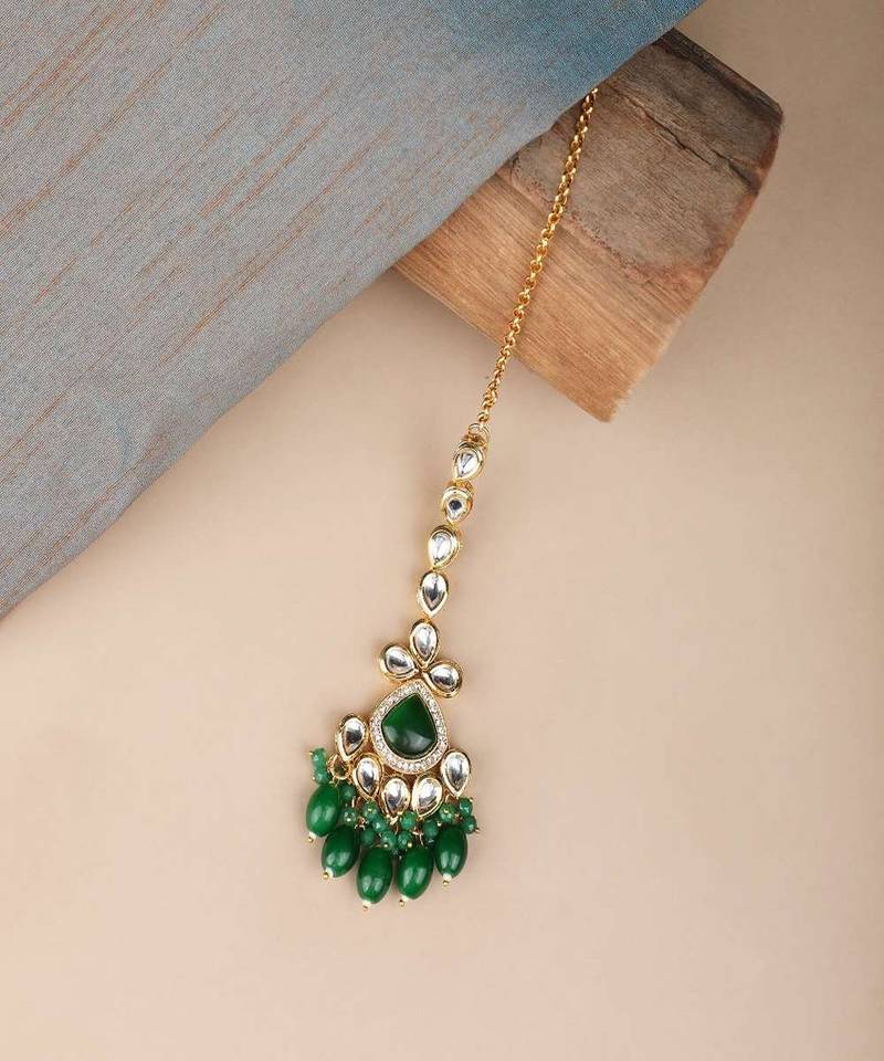 Emerald Green Gold-Plated Kundan & Pearl Maang Tikka