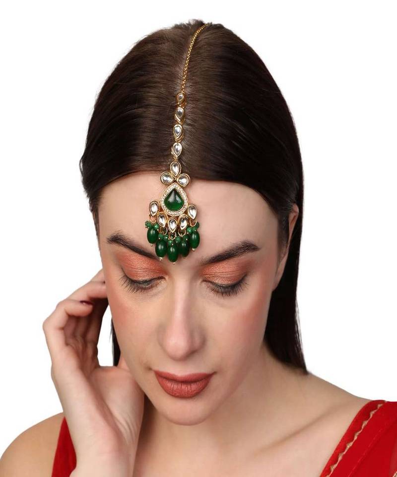 Emerald Green Gold-Plated Kundan & Pearl Maang Tikka